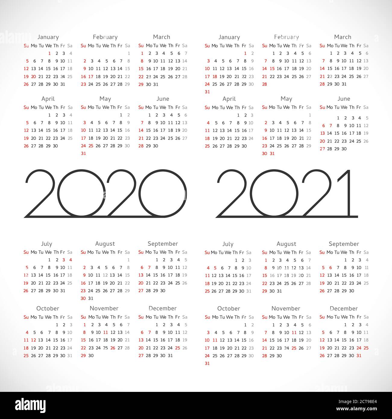 Calendar 2020 - 2021. Square schedule layout. Xmas logotype in minimalism style. Abstract isolated graphic design template. USA holidays. White color Stock Vector