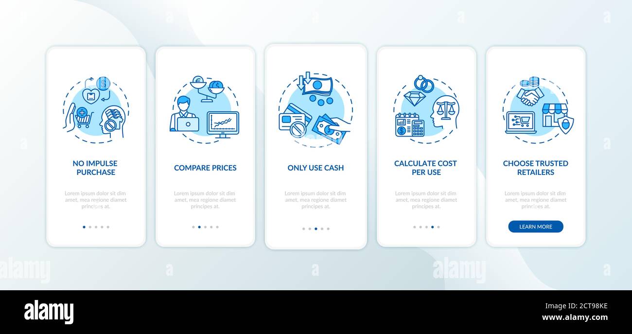 Smart spender tips onboarding mobile app page screen with concepts Stock Vector