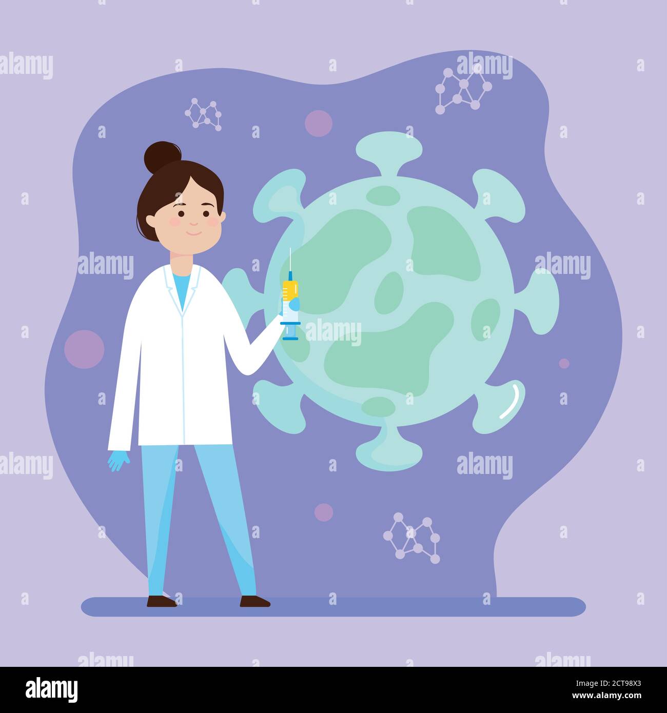 Vaccine research design, Cartoon scientific holding a syringe over coronavirus icon and purple background, colorful design, vecotr illustration Stock Vector