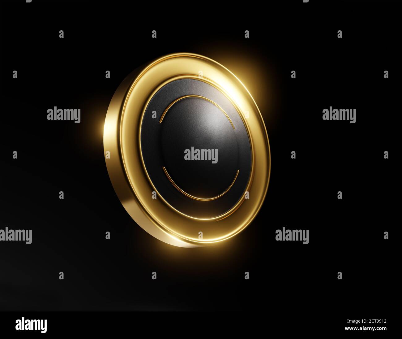 Shiny black and gold button. Abstract 3d element on black background