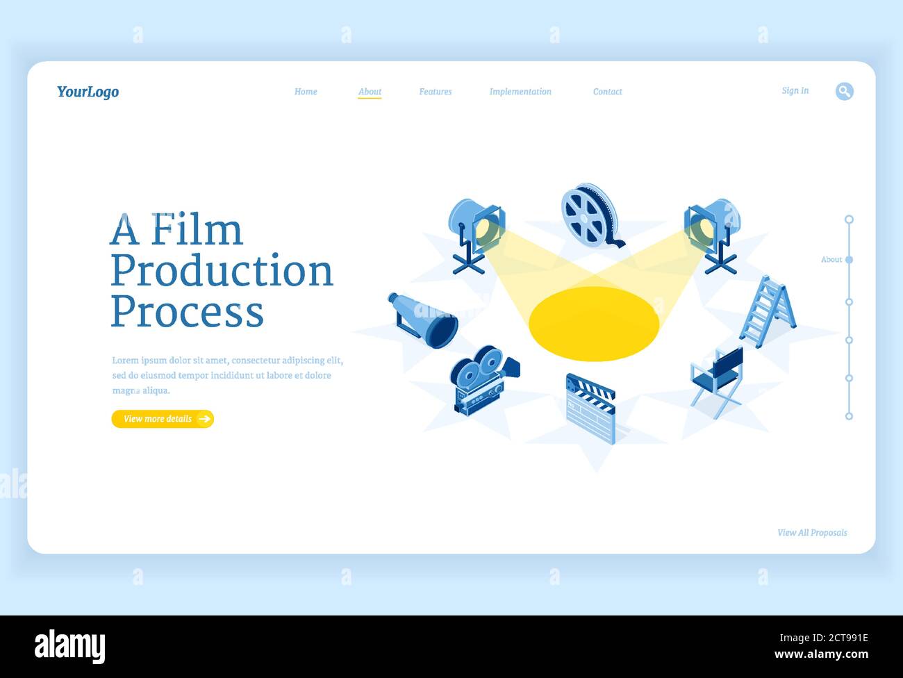 Film production isometric landing page, movie making process and