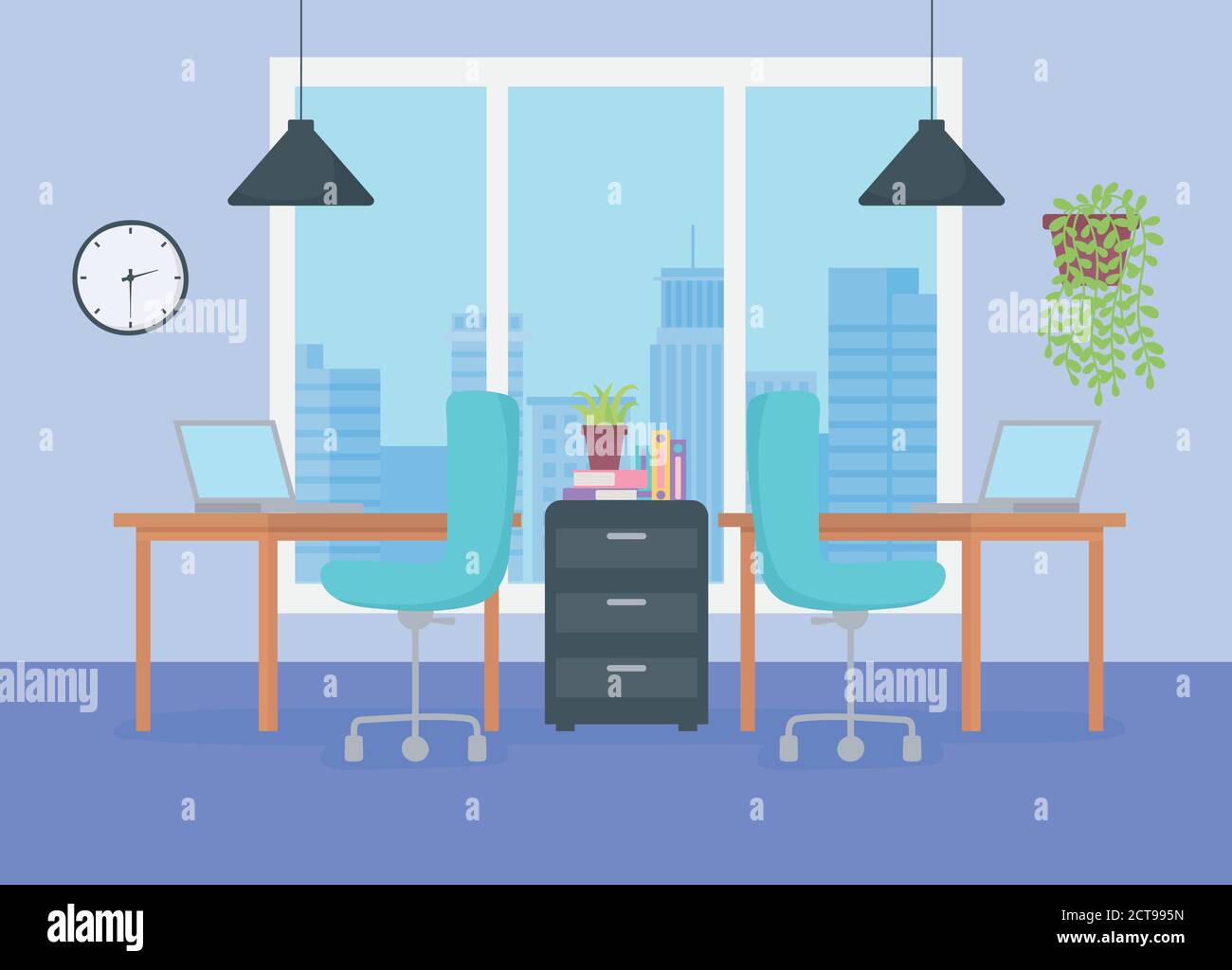 office workplace desks chairs laptop plant hanging lamps and