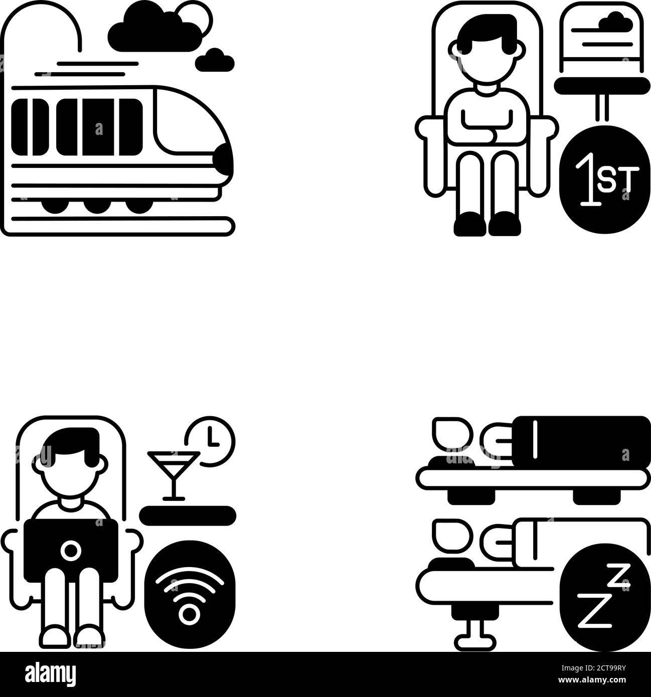 Luxury train service black linear icons set Stock Vector