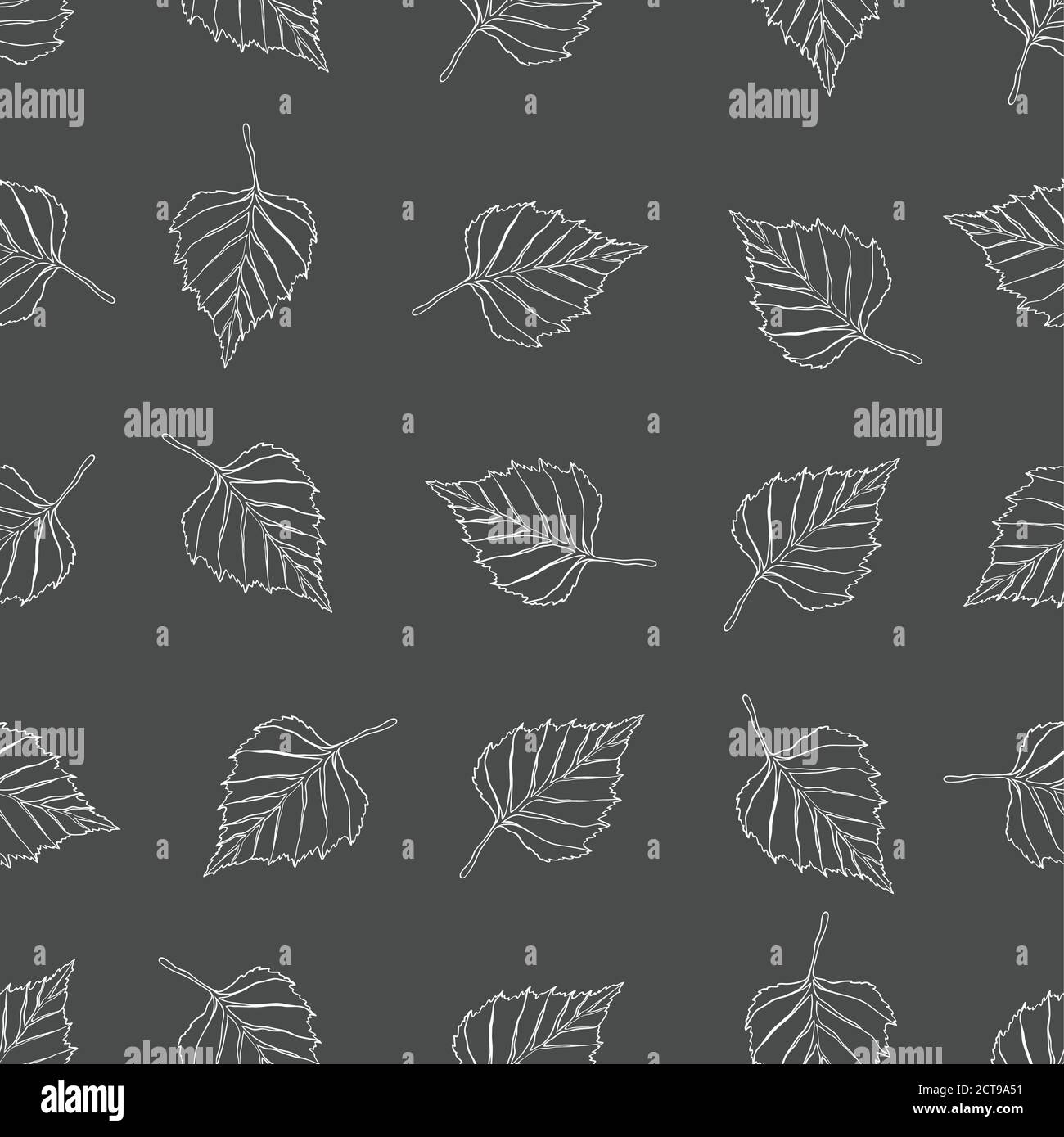 White contour birch leaf on a gray background. Seamless pattern Stock Vector