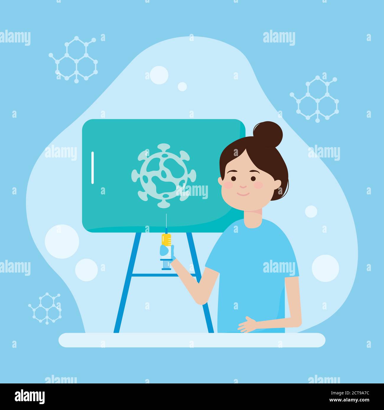 Vaccine research design, Cartoon woman holding a syringe and presentation board with virus icon over blue background, colorful design, vecotr illustration Stock Vector