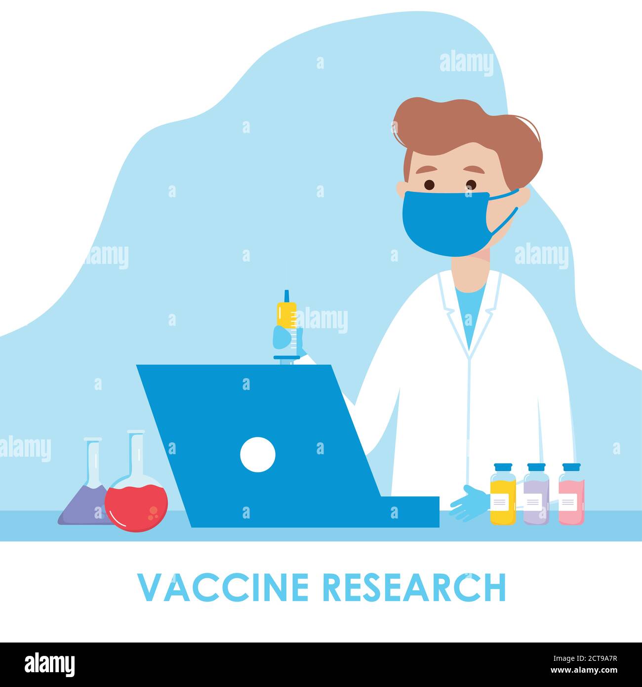 Vaccine research design, cartoon scientific doctor with chemical flasks and  laptop computer over blue background, colorful design, vecotr illustration  Stock Vector Image & Art - Alamy