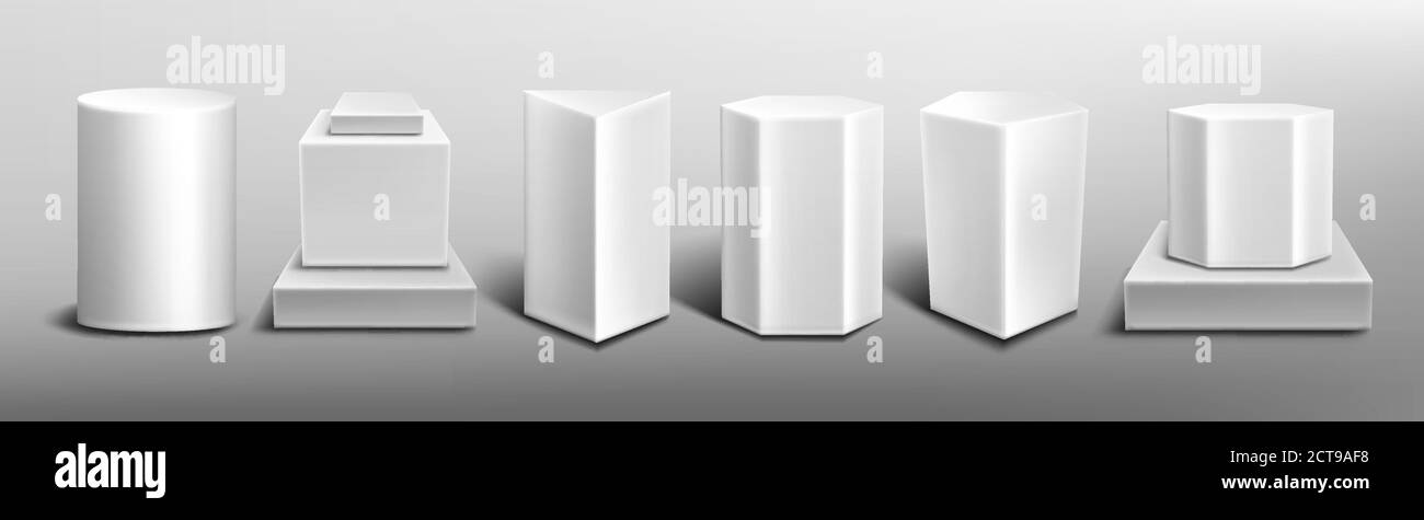 White pedestals, empty 3d stands different shapes. Vector realistic set of blank podiums for display product in showcase, exhibition object. Template of platforms for presentation Stock Vector