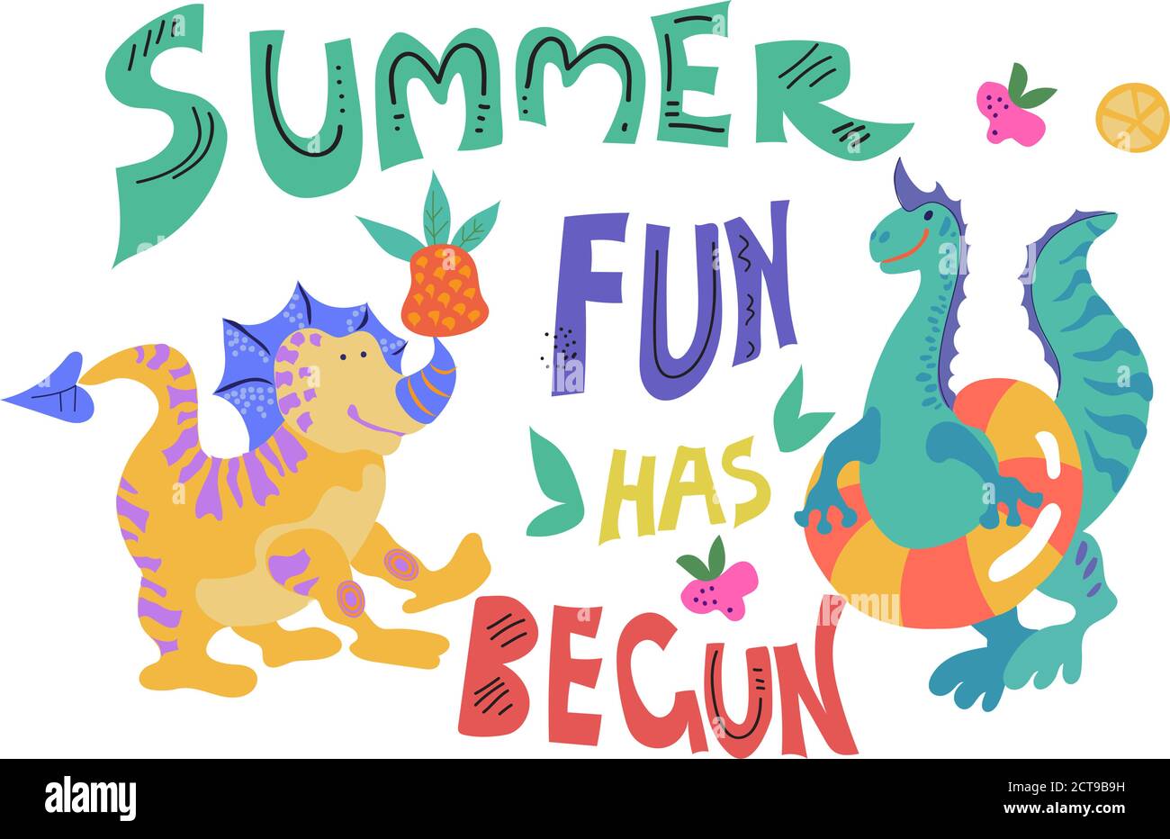 Cute dinosaurs or dragons on beach or swimming pool with summer slogan vector. Stock Vector