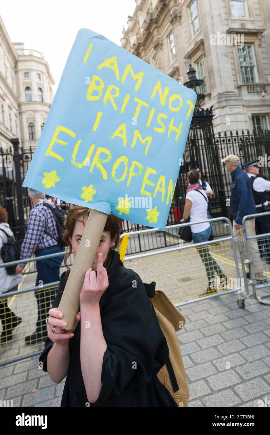 A protest against the result of yesterdays Brexit referendum, for Britain to leave the European Union outside, Downing Street, Whitehall, Westminster, London UK.  24 Jun 2016 Stock Photo