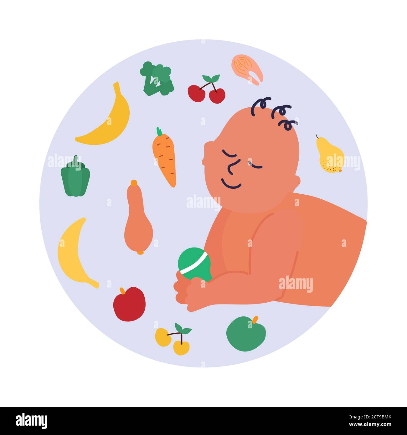 Image showcasing first feeding of child. Mom offers a pear. healthy fruit for children ...