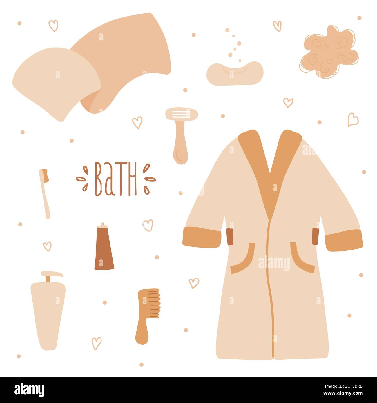 A set of items for hygiene and bathroom. Bathrobe, towel, soap, toothbrush and paste, washcloth, shaving machine. Delicate beige colors and hand Stock Vector