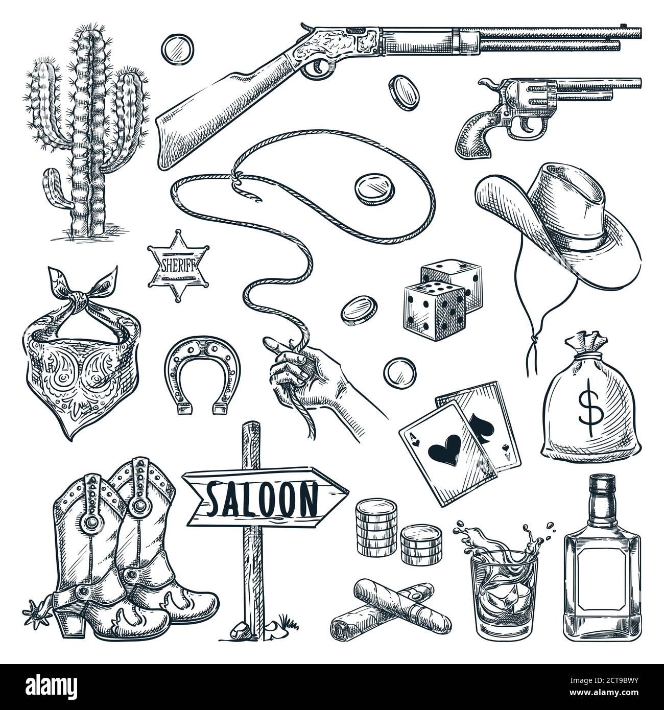Wild West and Texas vintage icons set. Vector hand drawn sketch illustration. Sheriff star, cowboy hat, gun, whiskey and hand with lasso, isolated on Stock Vector