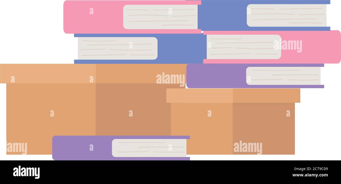 cardboard boxes with many books isolated design white background vector illustration Stock