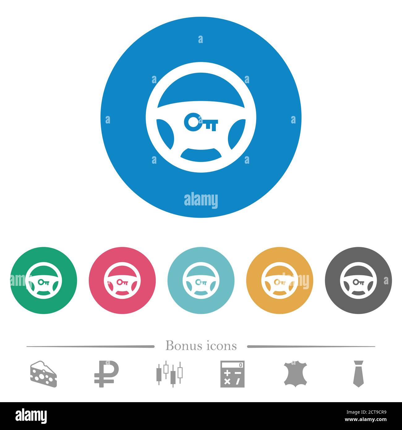 Steering lock flat white icons on round color backgrounds. 6 bonus