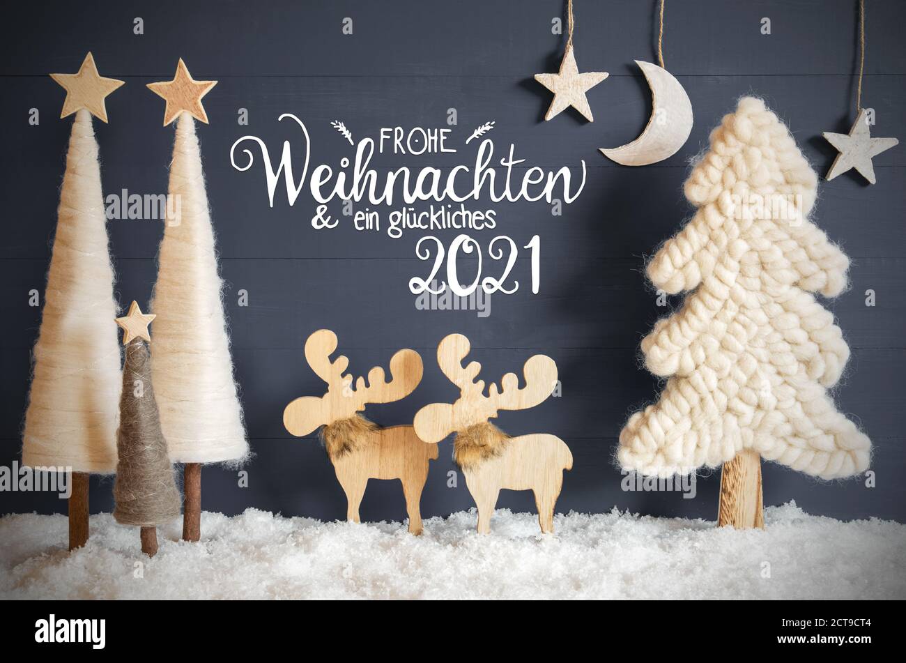 Christmas Tree, Moose, Moon, Stars, Snow, Glueckliches 2021 Means Happy New Year Stock Photo