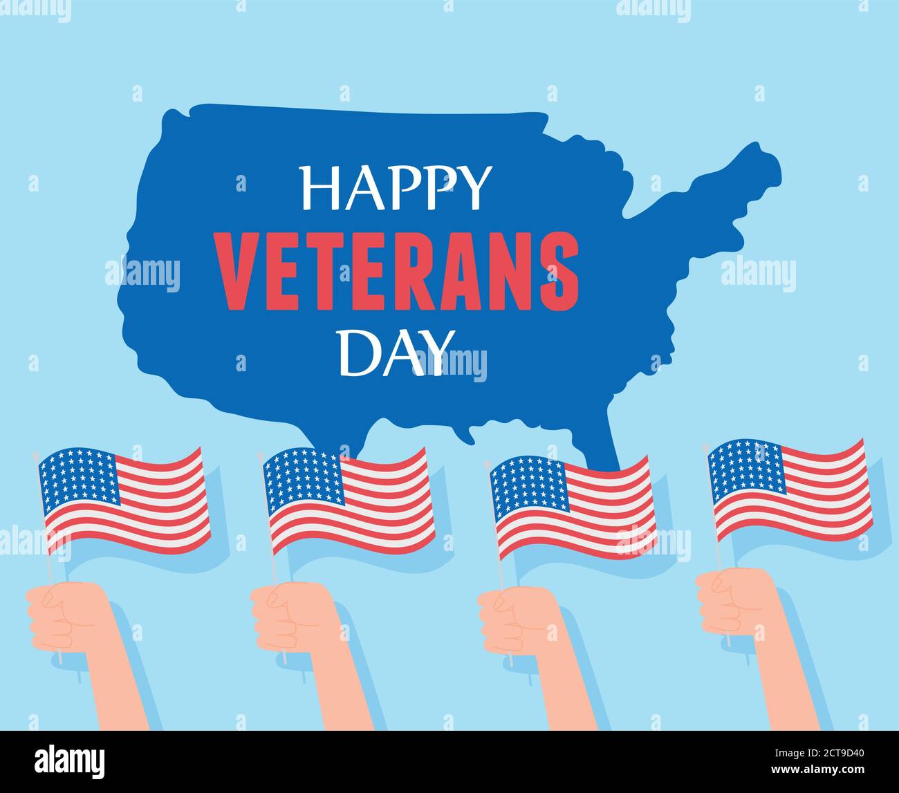 happy veterans day, hands with american flags and map, US military armed forces soldier vector illustration Stock Vector