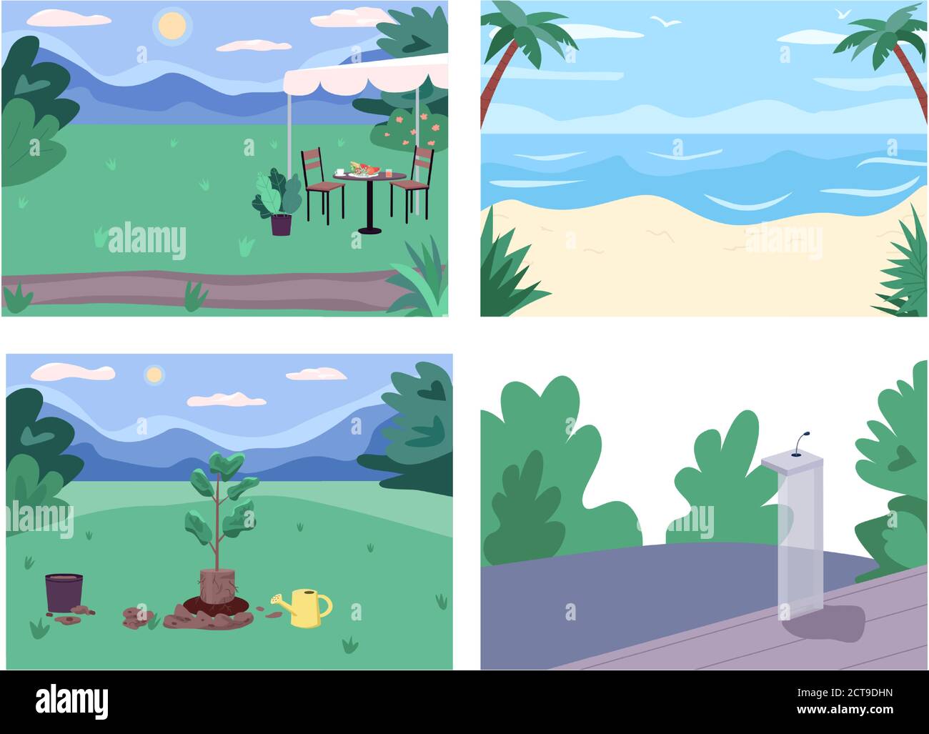 Public places flat color vector illustration set. Sandy beach and sea. Parks and recreation areas. Public gathering place 2D cartoon landscapes collec Stock Vector