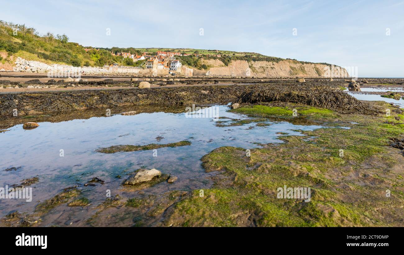 Multi image panorama at Robin Hoods Bay pictured amongst the rock pools at low tide in September