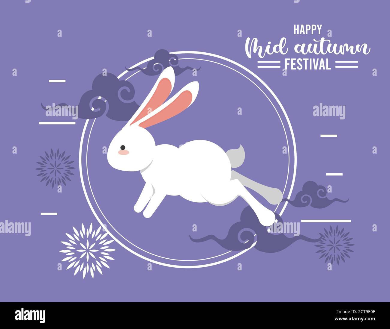 happy mid autumn lettering card with rabbit and flowers vector ...