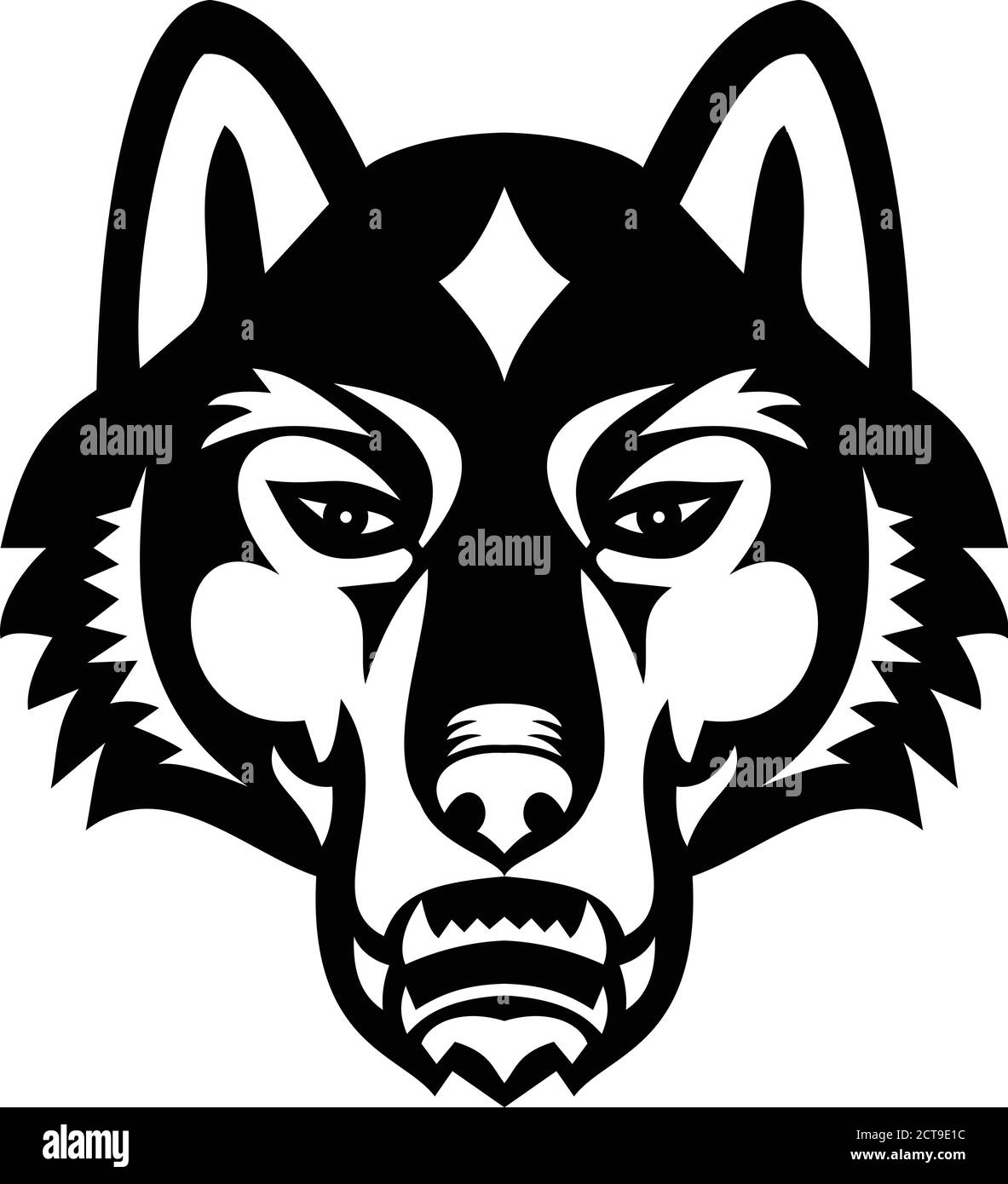 Mascot black and white illustration of head of a gray wolf also known as the timber wolf or western wolf, viewed from front on isolated background in Stock Vector