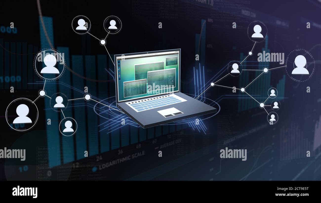 Laptop spreads internet network on a digital background Stock Photo