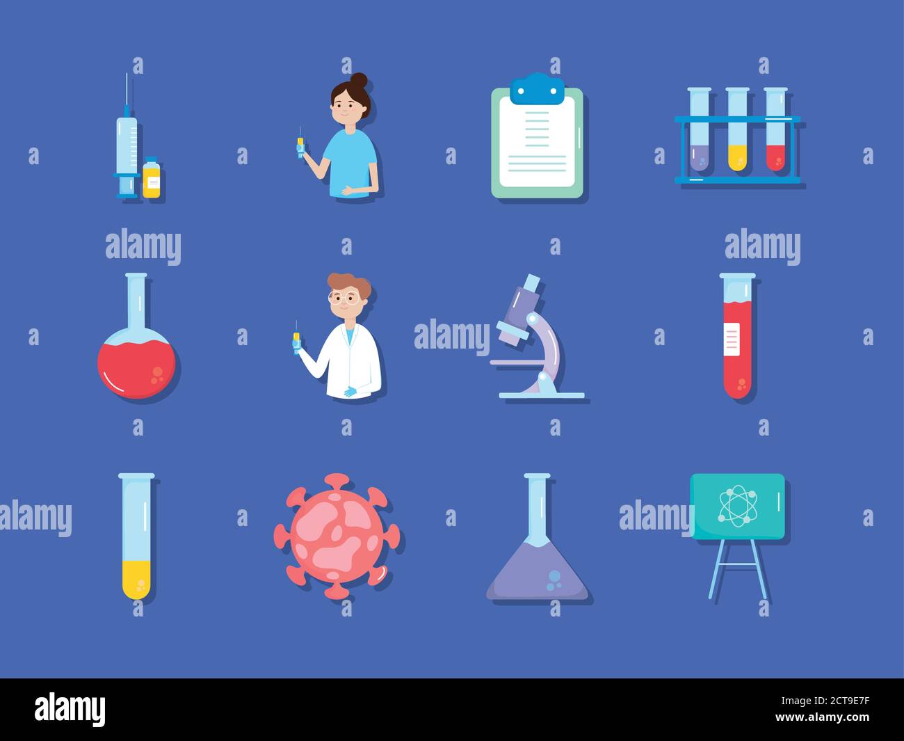 microscope and Vaccine research icon set over purple background, colorful design, vecotr illustration Stock Vector