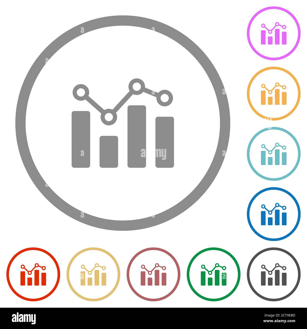 Bar graph with circles and lines flat color icons in round outlines on ...