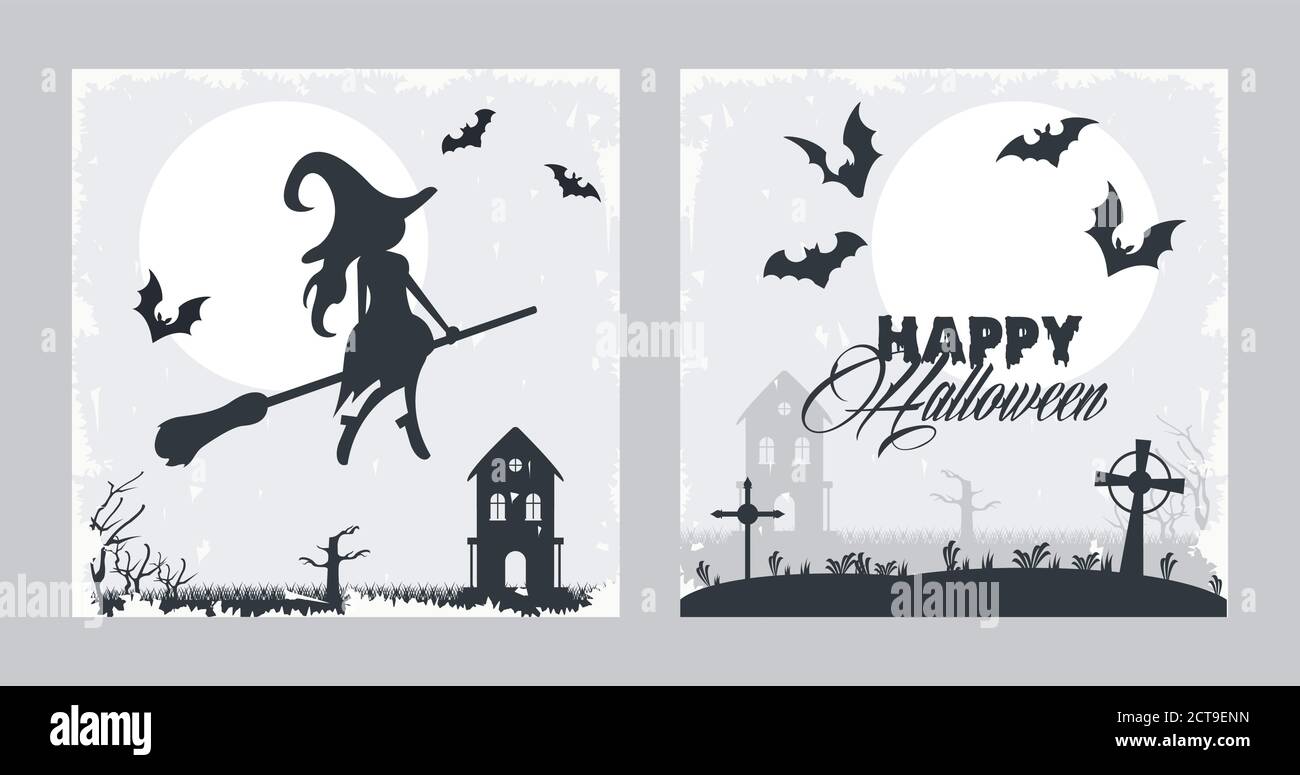 happy halloween celebration card with witch and bats flying vector ...