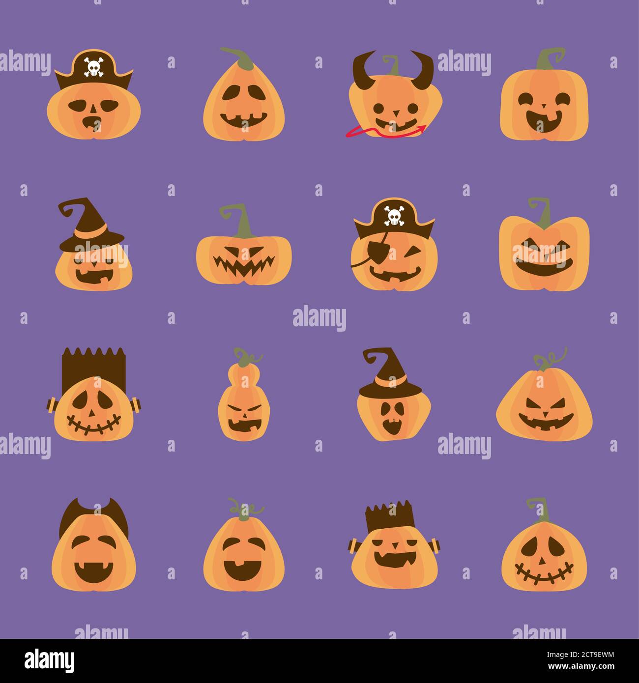bundle of halloween pumpkins in purple background flat style icons ...