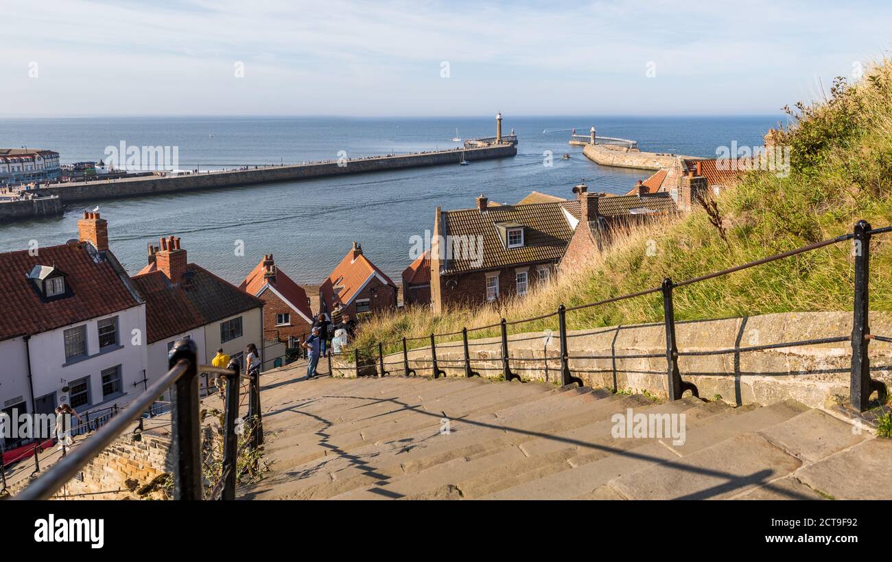 Multiple image panorama of the famous 199 steps down to Whitby in ...