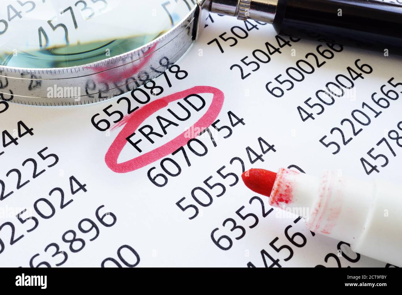 Fraud underlined word and financial data for business audit. Stock Photo
