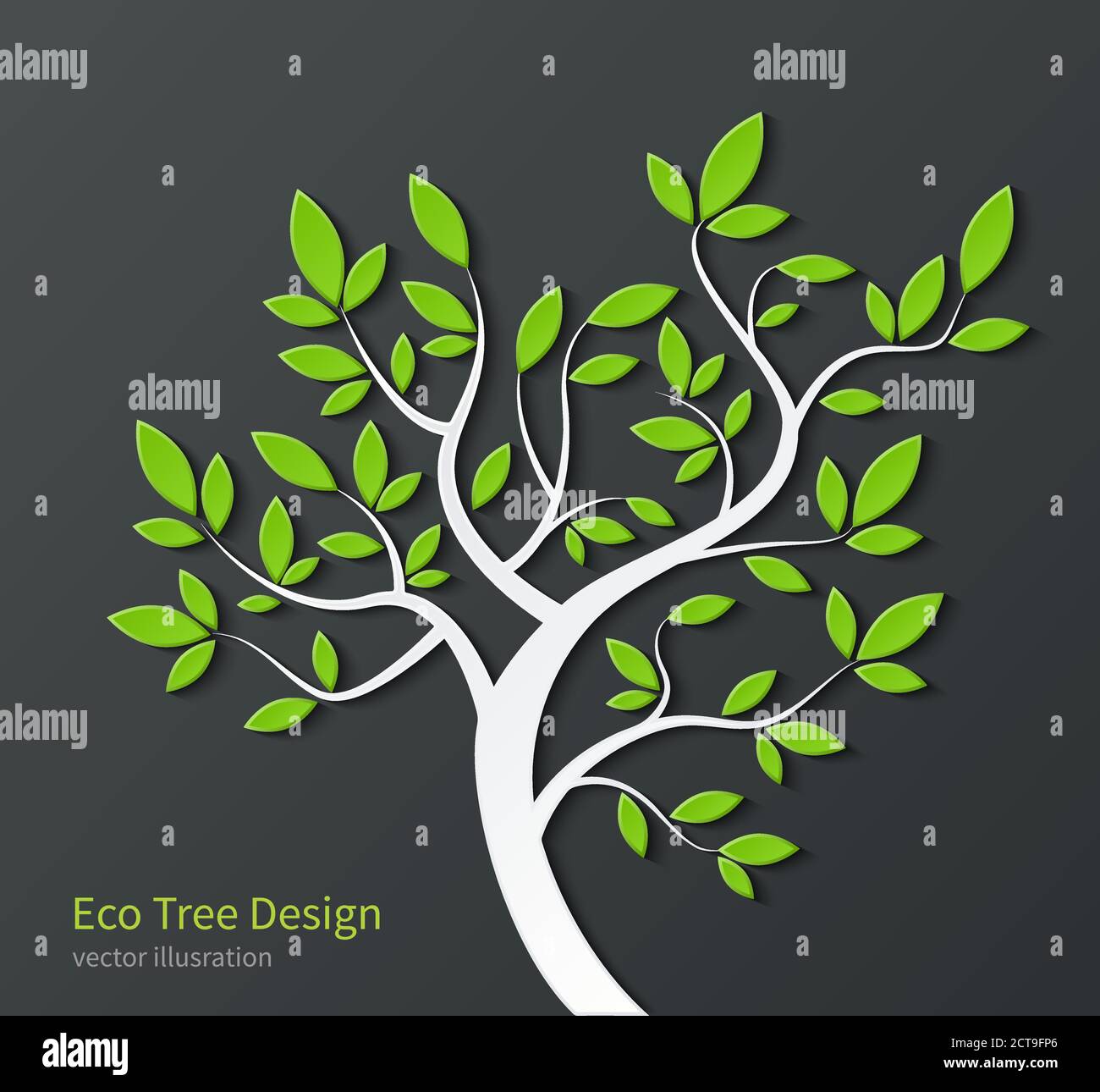 Stylized tree with branches and green leaves isolated on dark ...