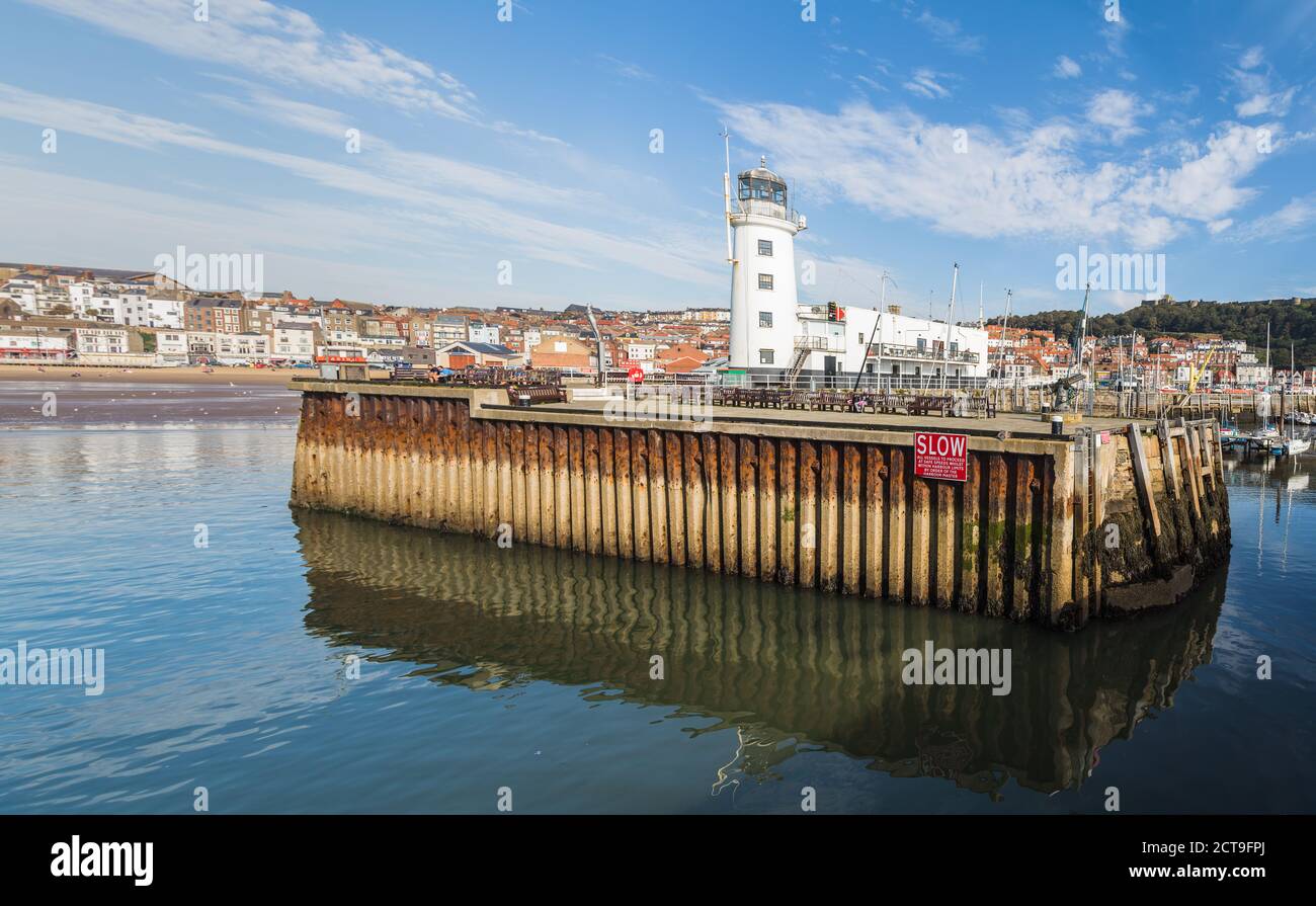 Scarborough harbour entrance multi image panorama seen in September 2020 at low tide. Stock Photo