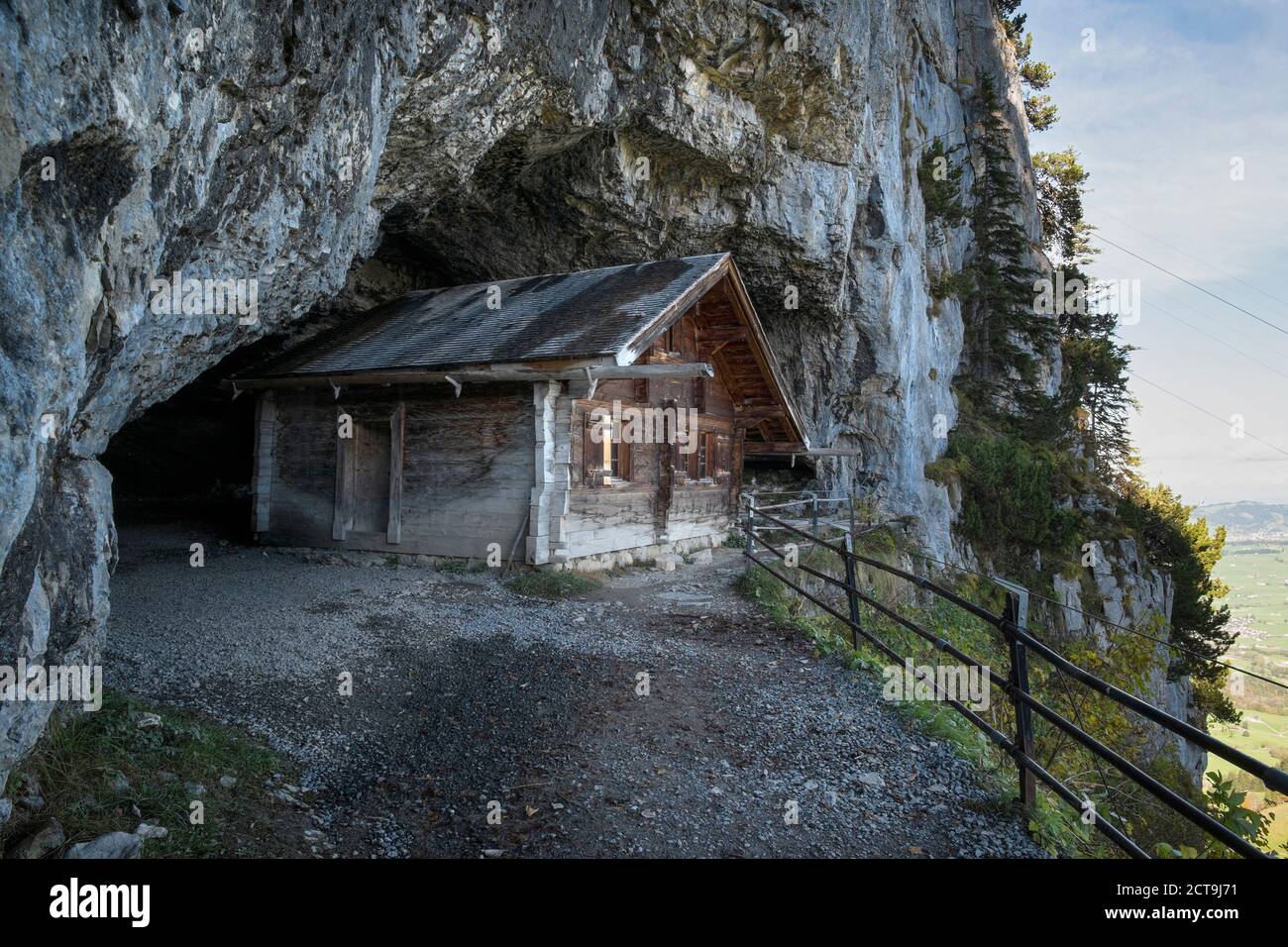 Switzerland, Canton Appenzell-Innerrhoden, Hermitage in front of Baerenhoehle next to Wildkirchli Stock Photo