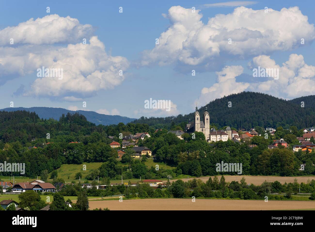 Austria, Carinthia, View of Maria Saal with St Mary's Church Stock Photo