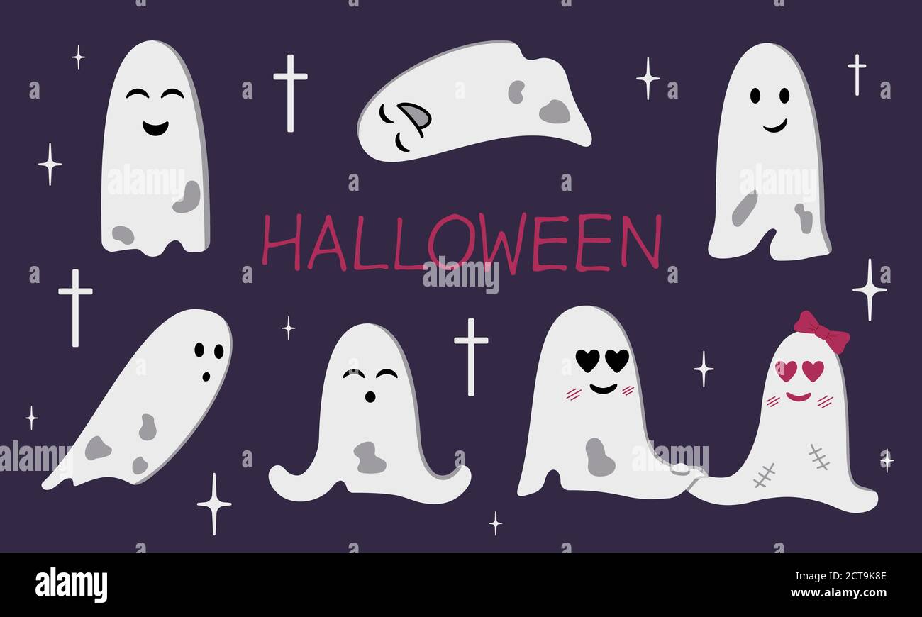 Fun Ghost Poster Cute funny ghosts isolated on dark purple background. Collection of ...