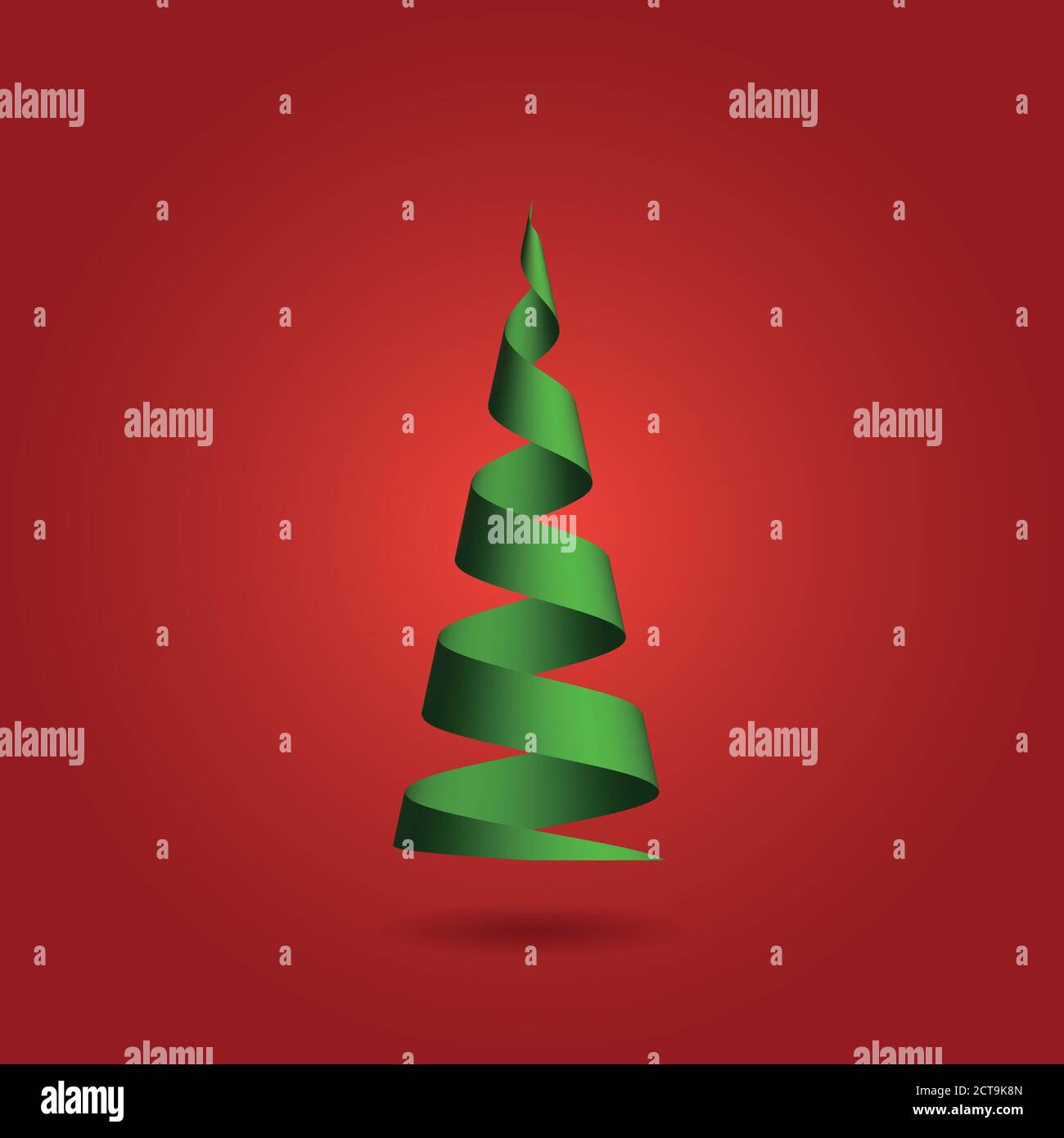 Christmas tree made of green ribbon on red background. Modern design 3D