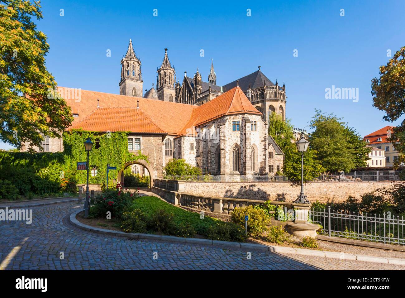 Germany, Saxony-Anhalt, Magdeburg, Fürstenwall and Cathedral of Magdeburg Stock Photo