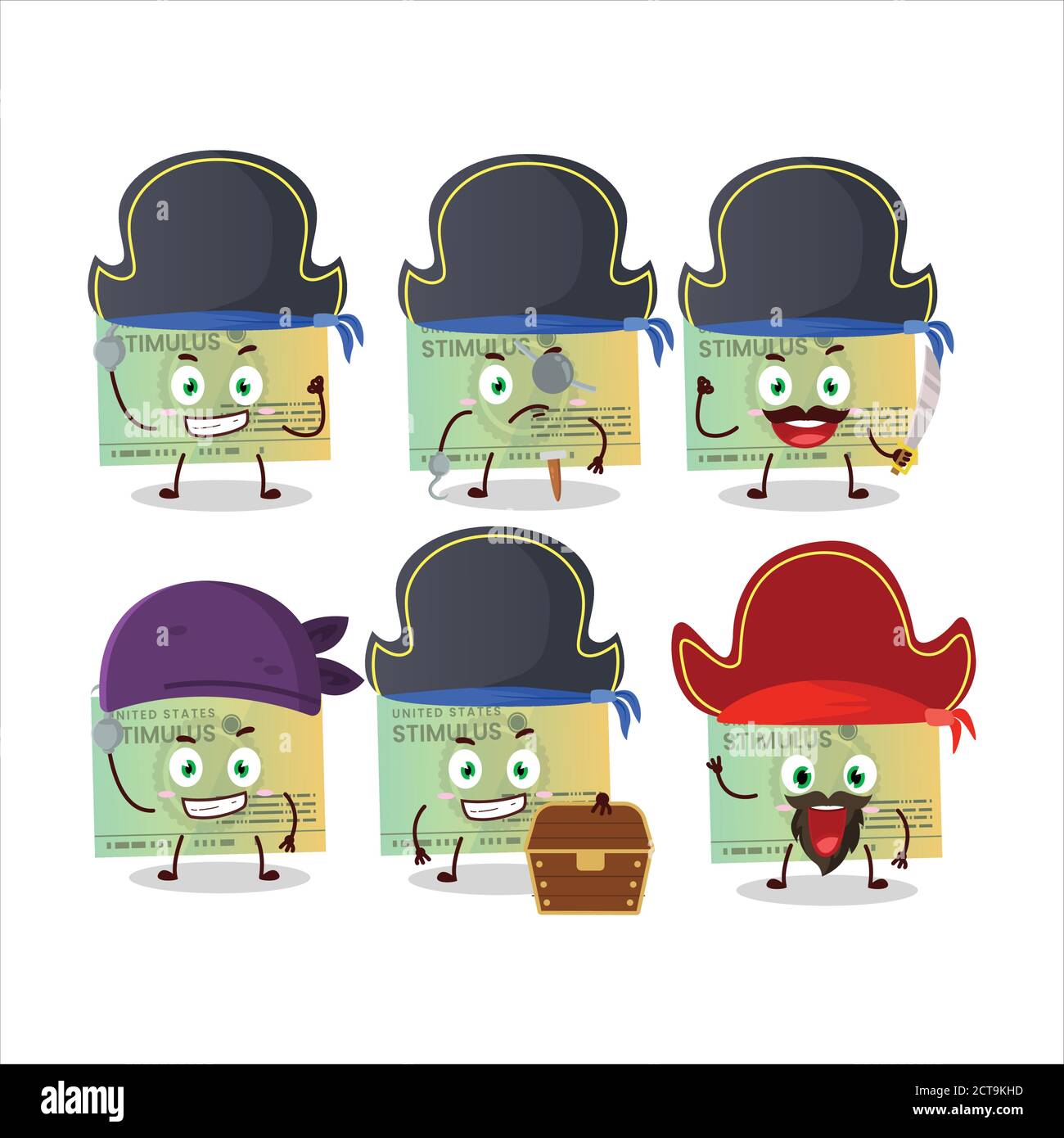 Cartoon character of stimulsus check with various pirates emoticons ...