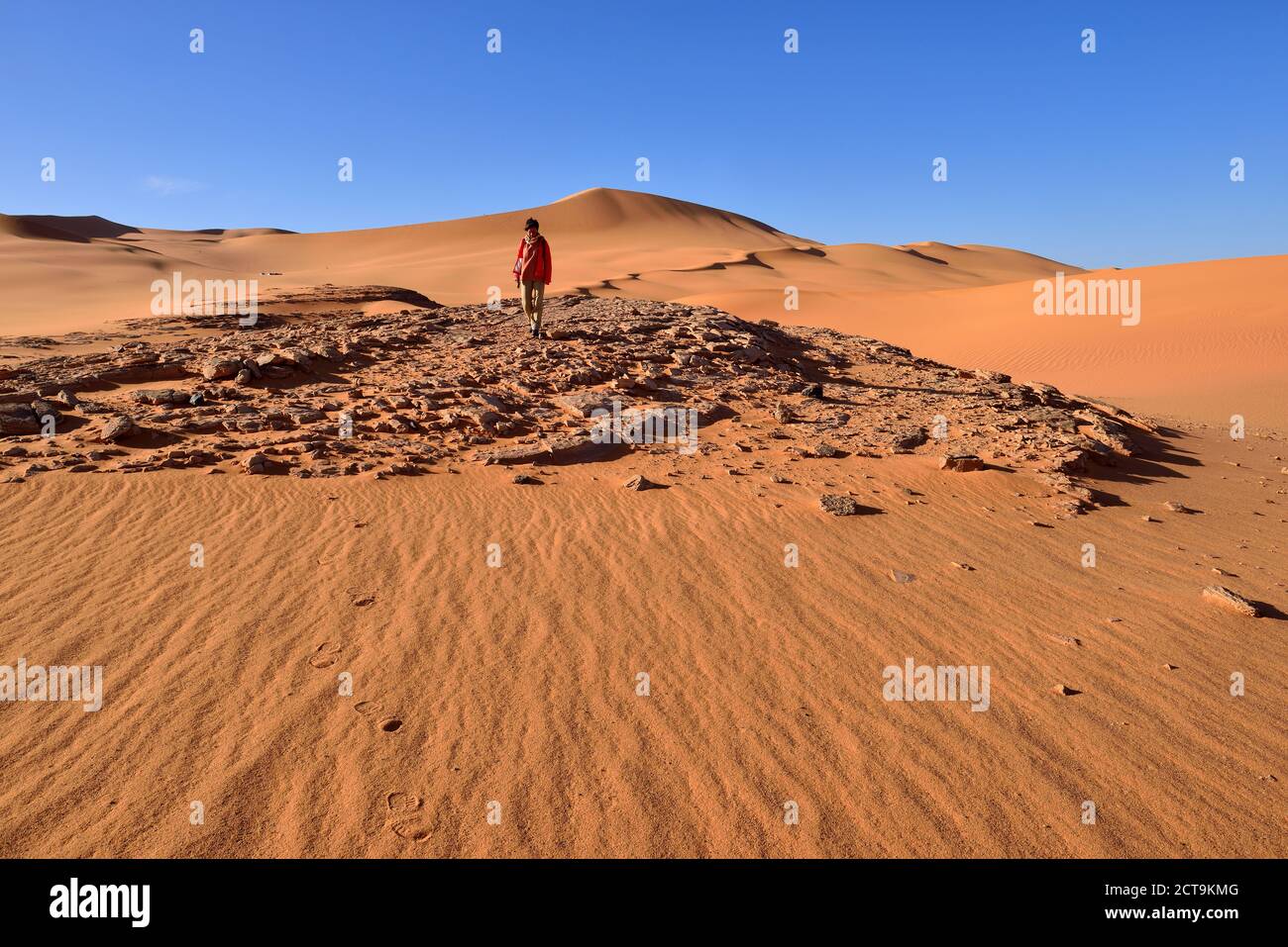Algeria, Sahara, Tassili N'Ajjer National Park, Woman walking in the dunes of In Tehak Stock Photo