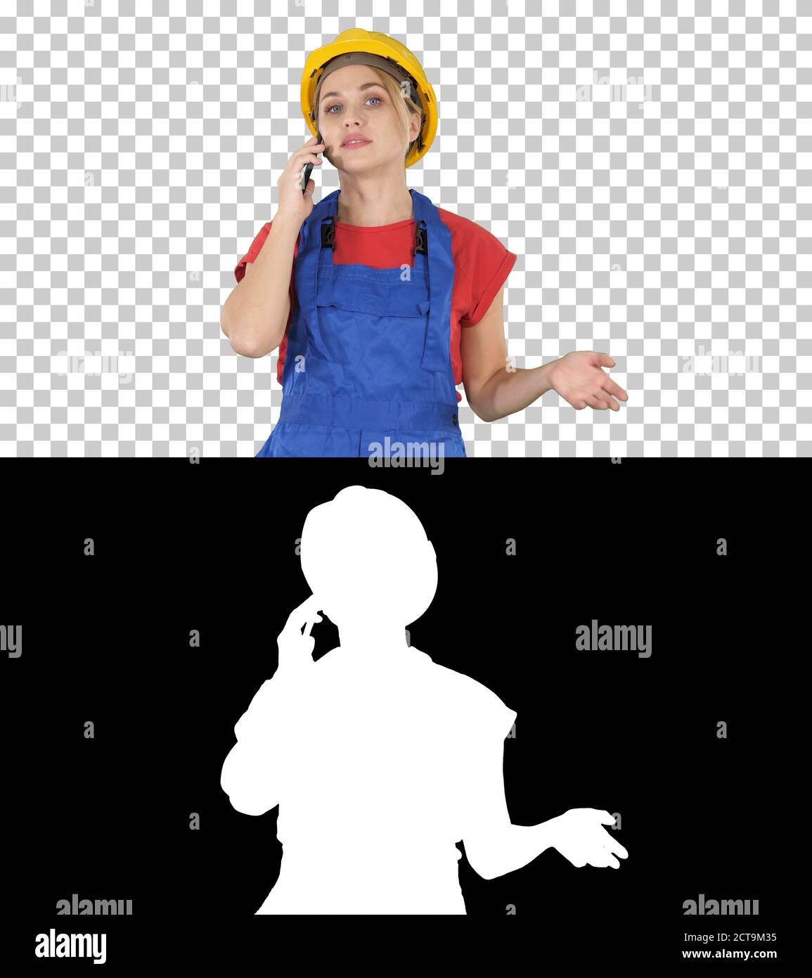 Young female worker talking on phone while walking, Alpha Channe Stock Photo