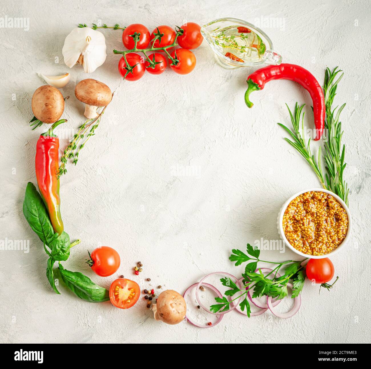 Download Food Frame Mockup Various Herbs Spices And Vegetables On Gray Concrete Background Top View Copy Space Stock Photo Alamy