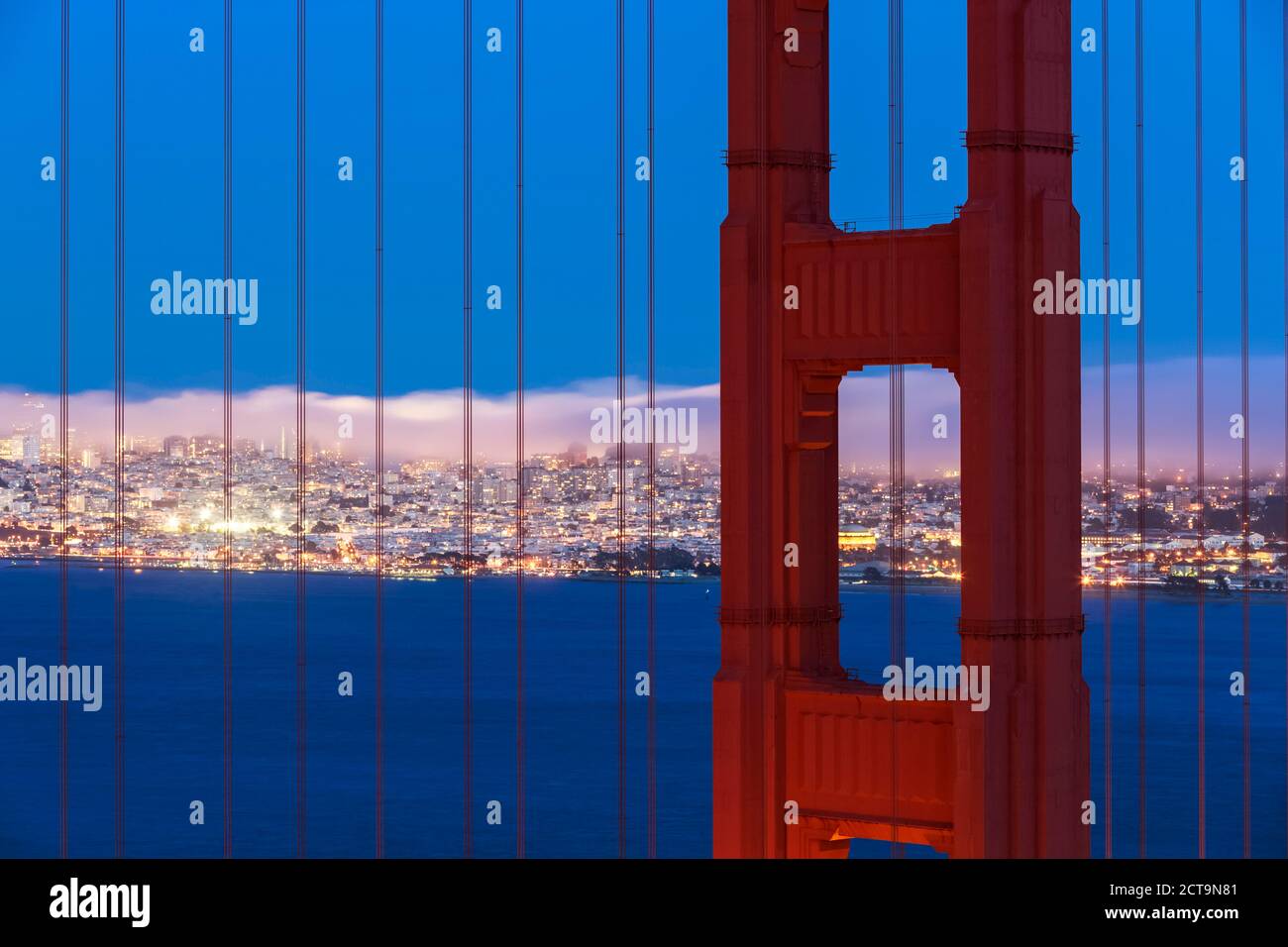 USA, California, San Francisco, skyline and Golden Gate Bridge at the blue hour seen from Hawk Hill Stock Photo