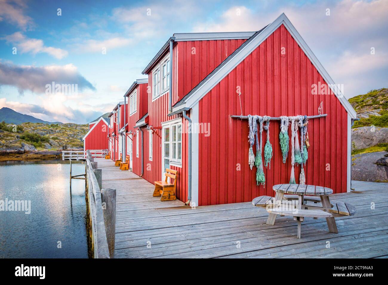 Norway, Lofoten, Vestvagoey, Kabelvag, view to tradional Rorbuer houses Stock Photo