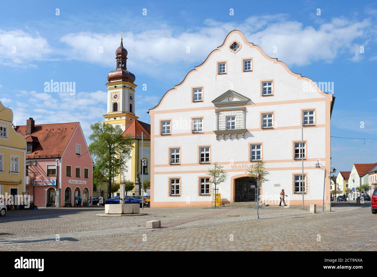 Germany, Bavaria, Upper Bavaria, Koesching, Townhall and Parish Church Maria Himmelfahrt Stock Photo