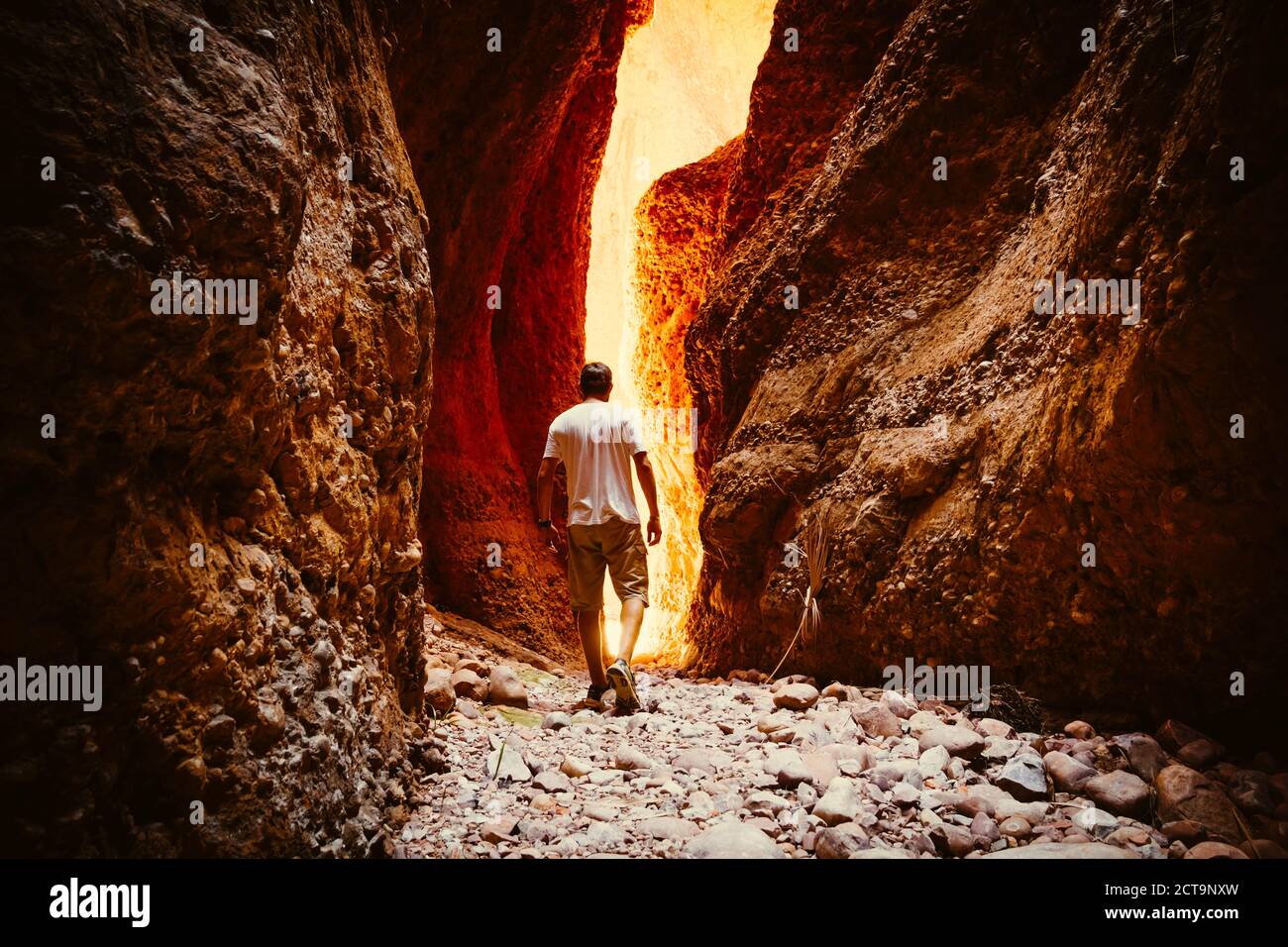 Australia, Western Australia, Kimberley, Purnululu National Park, Bungle Bungle, man walking at Echidna Chasm Stock Photo