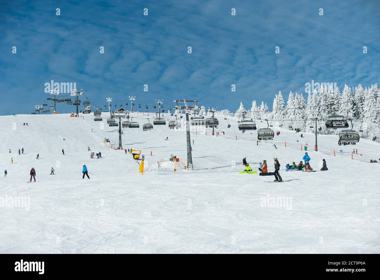 Germany, Baden-Wuerttemberg, Black Forest, Feldberg, Ski lift and ski run in winter Stock Photo