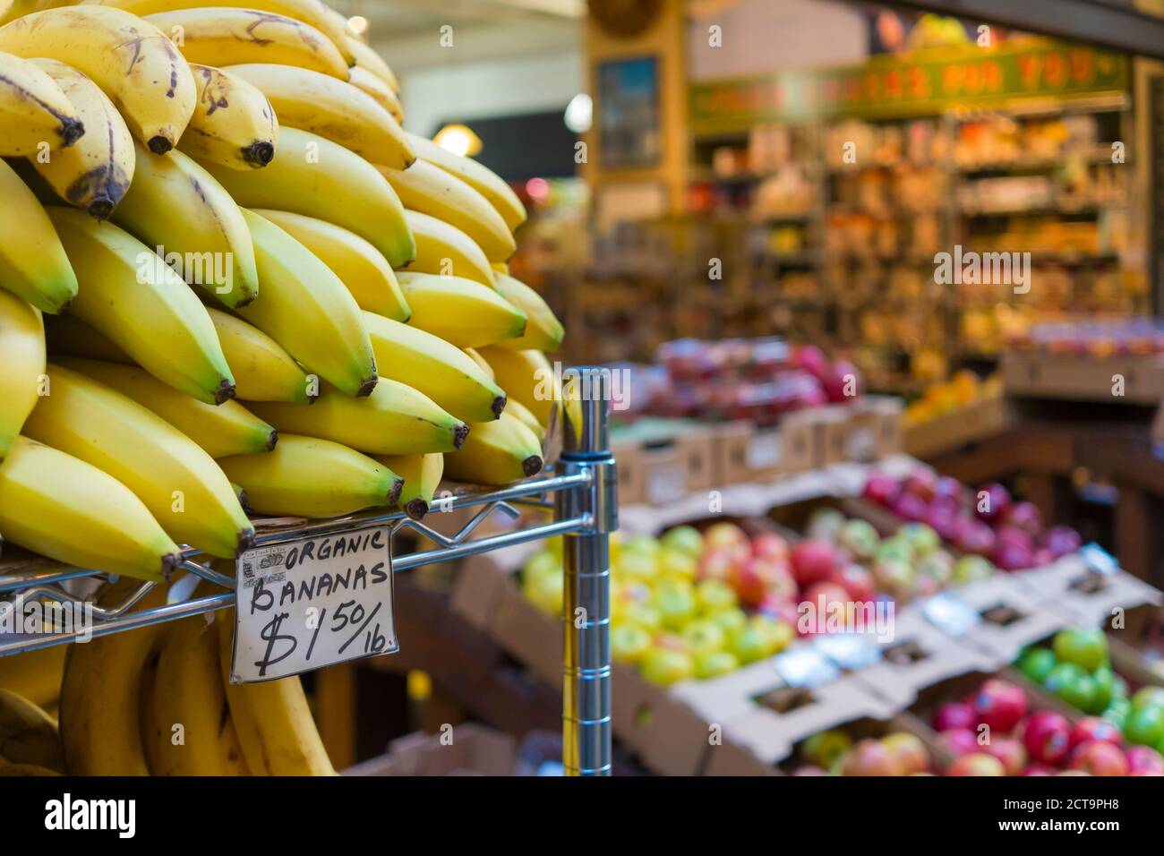 USA, California, San Francisco, Organic fruit and vegetable with bananas close up in a store Stock Photo