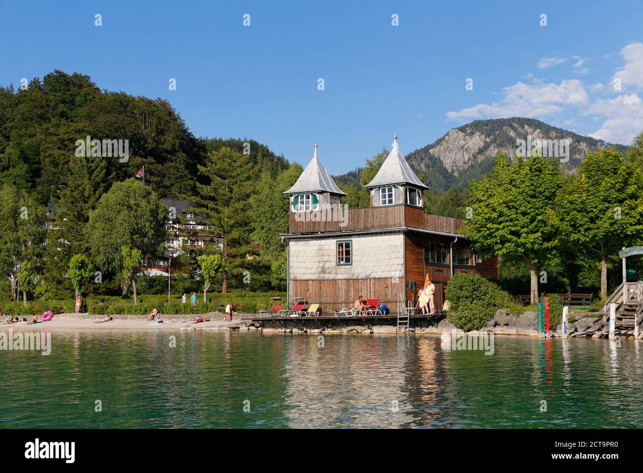 Austria, Salzburg State, Fuschlsee Lake, Fuschl am See, Bathhouse and beach Stock Photo