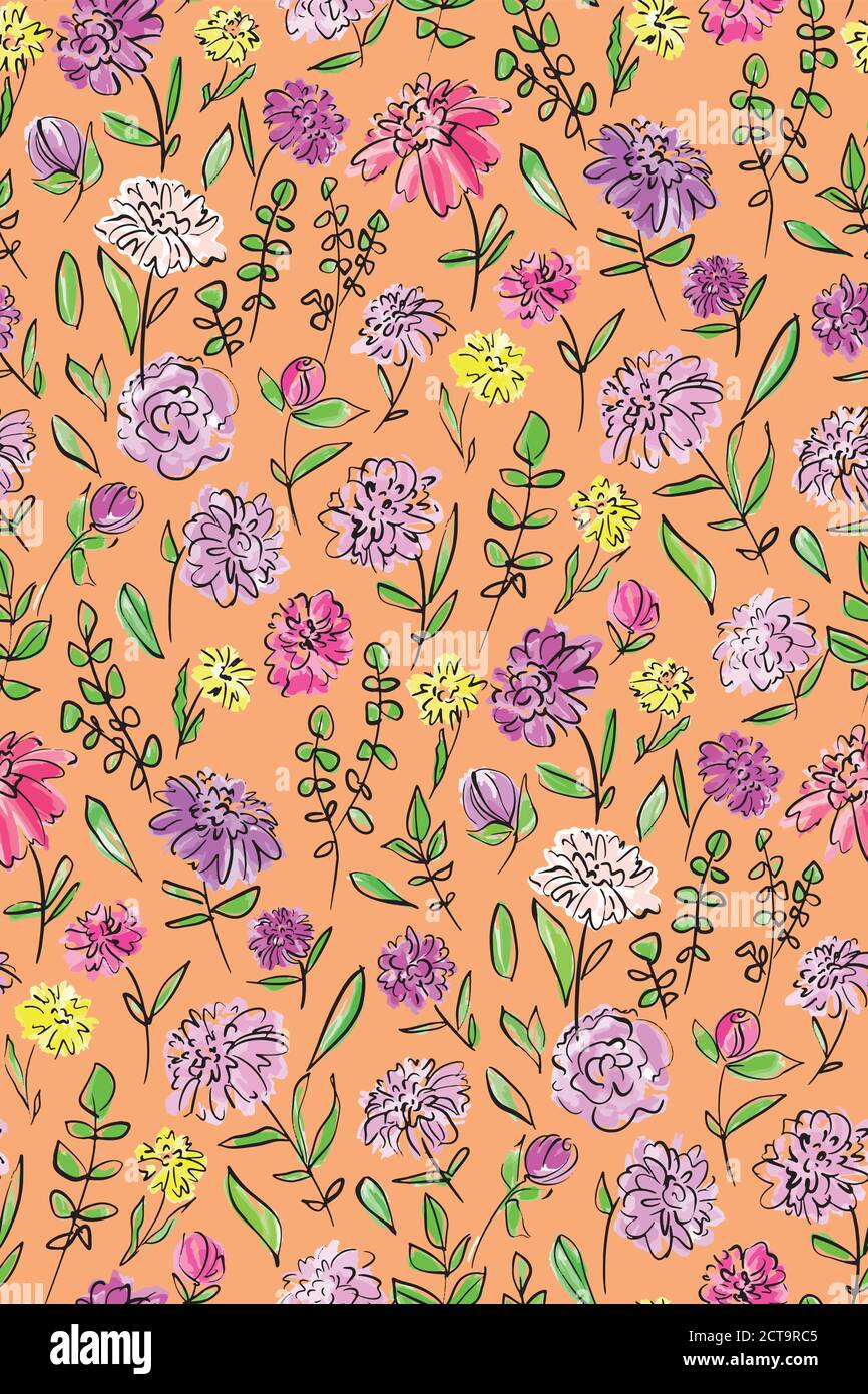 Floral seamless background pattern. Colorful spring flowers hand drawn ...